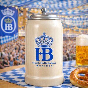 RARE - Authentic Hofbräuhaus München 1-Liter Beer Stein w/ Pewter Lid – New,